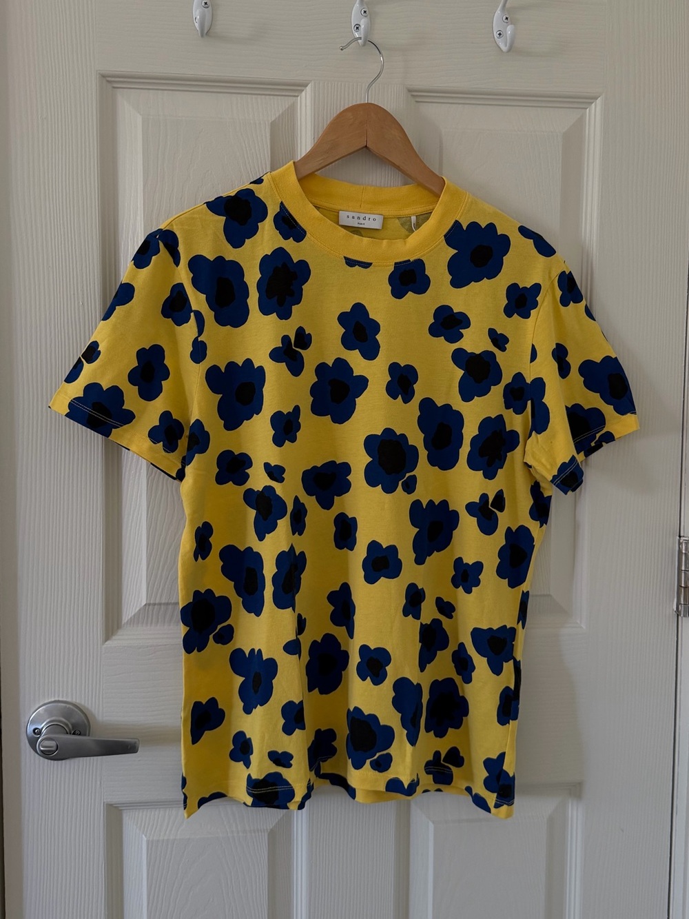 Sandro Yellow Tee with Navy Floral Motif